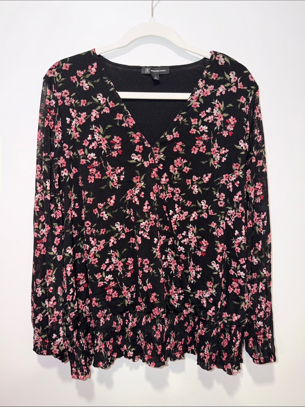 INC XL Black Pink Floral Front Wrap Long Sleeve Gathered Waist Tulle Blouse